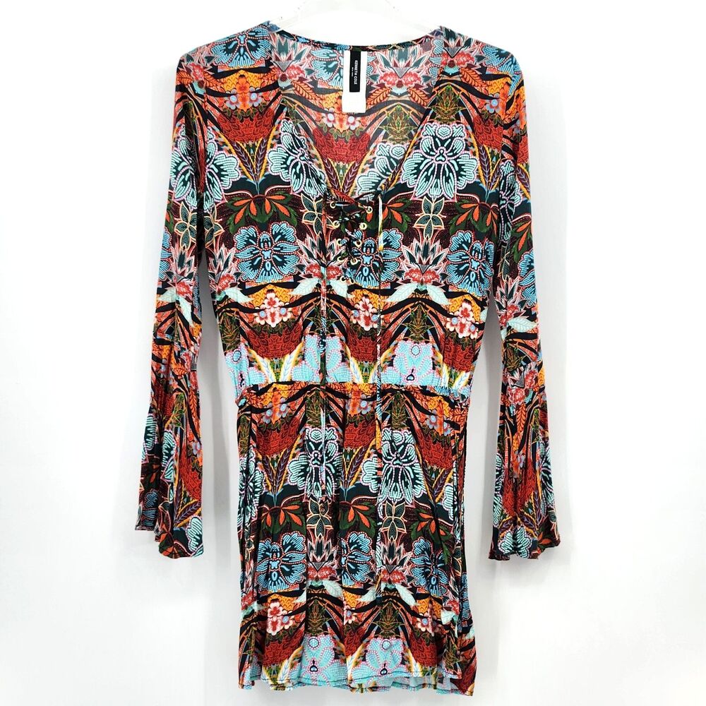 Kenneth Cole Bell Sleeve Dress Size Small Colorful Floral Retro Boho Chic Summer
